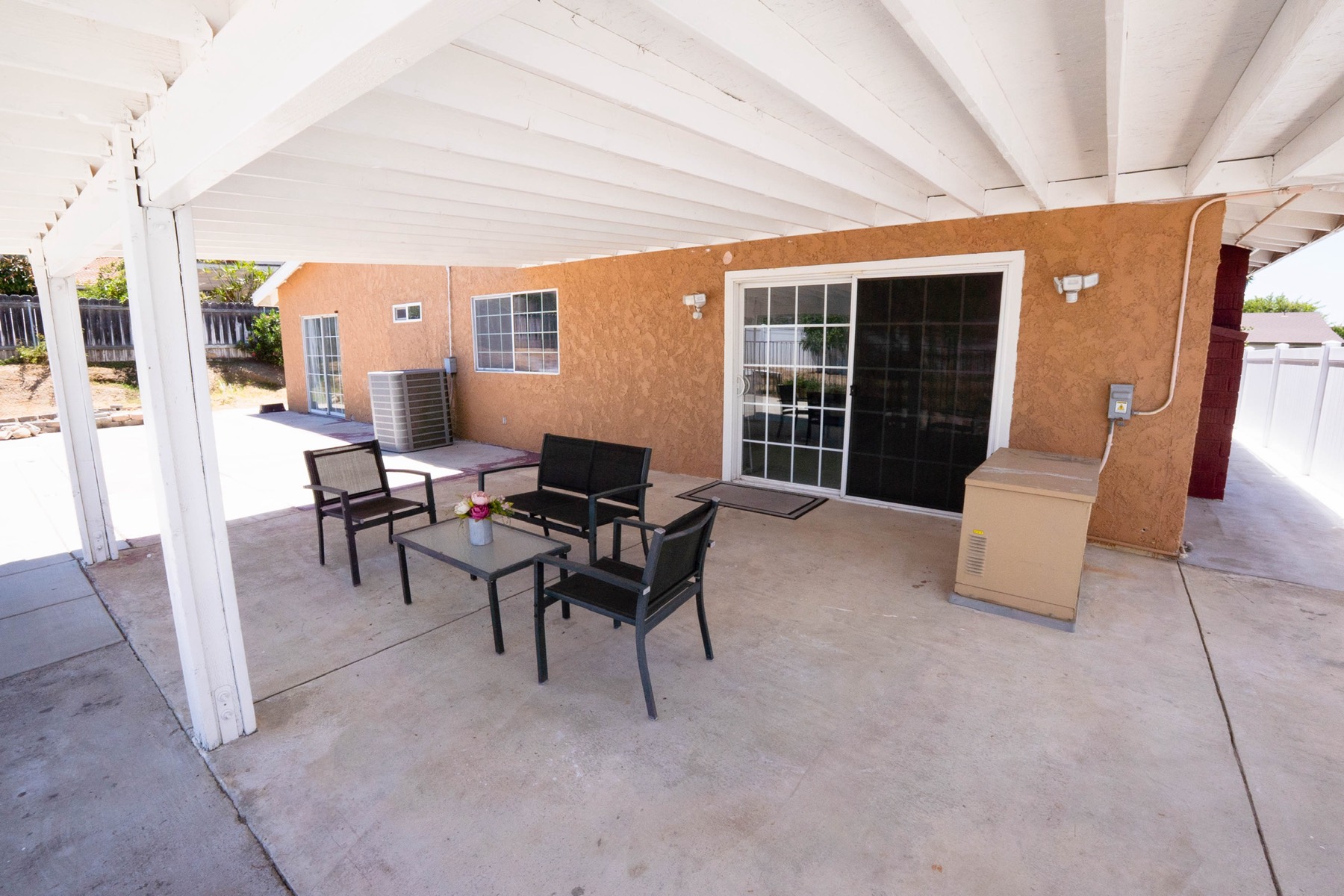Covered outdoor patio seating area